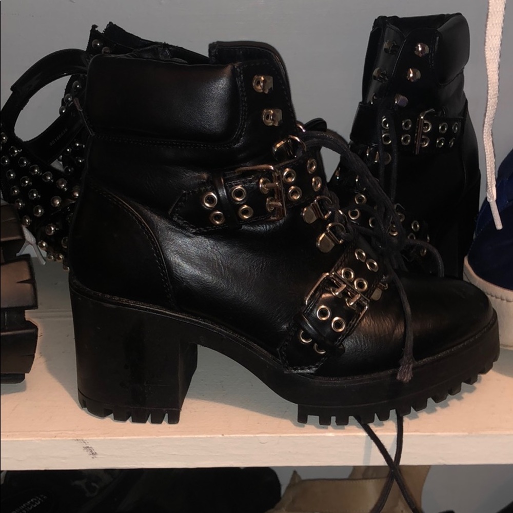 Black lace up chunky heel booties silver buckles